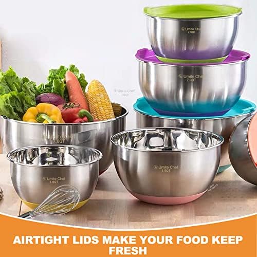 Umite Chef Mixing Bowls with Airtight Lids, 6 Piece Stainless Steel Metal Bowls