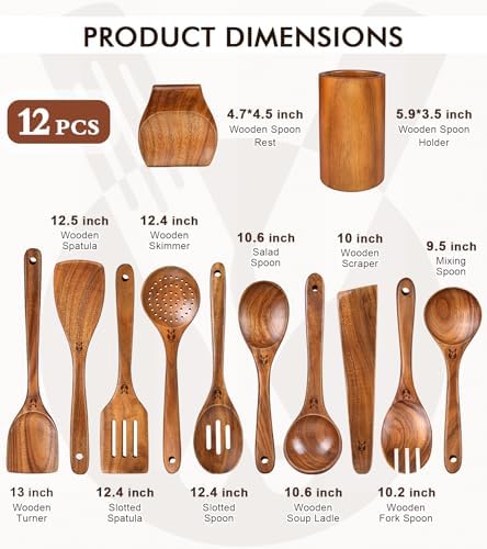 12Pcs Soft Grip Teak Wooden Utensil Set, Durable Spoons