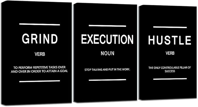Framed Canvas Wall Art Success Quote, Office Wall Art, Black Large Poster, Positive Motivational Set of 3 Prints, Execute Failure Definition, Inspirational Print (B-3pcs,20x30inchx3pcs)