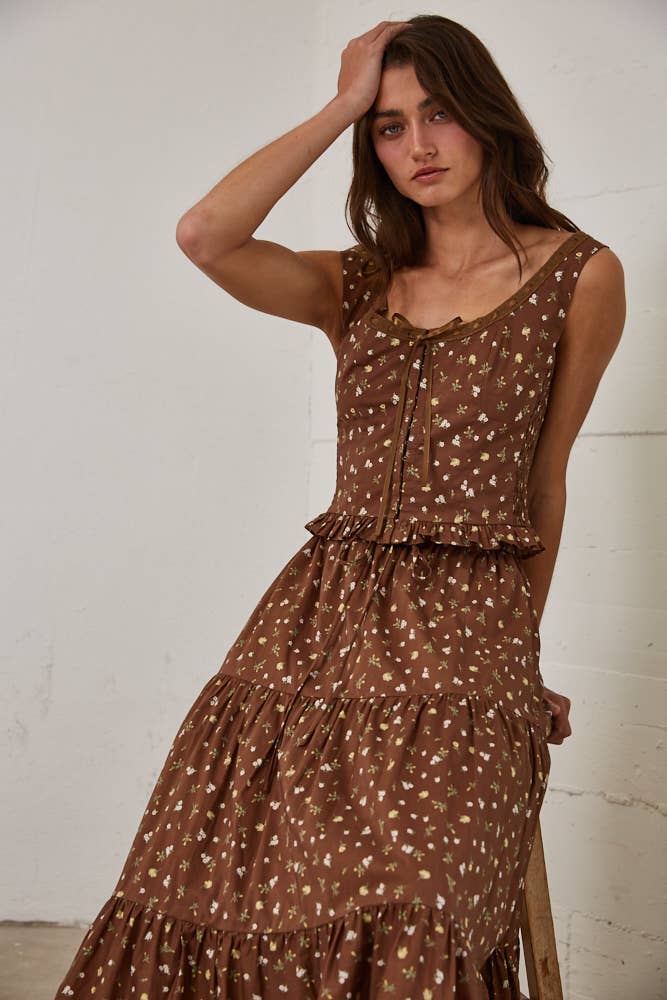 Floral Lace Trim Front Tie Top & Skirt Set