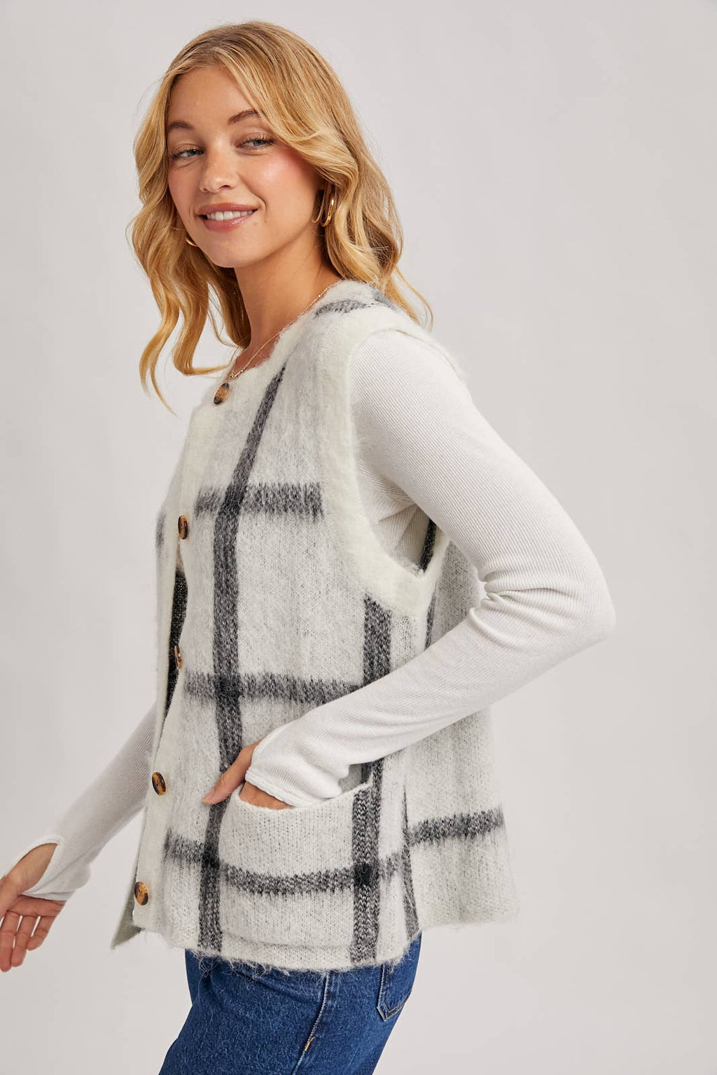 Button Down Plaid Knit Sweater Vest: Mocha