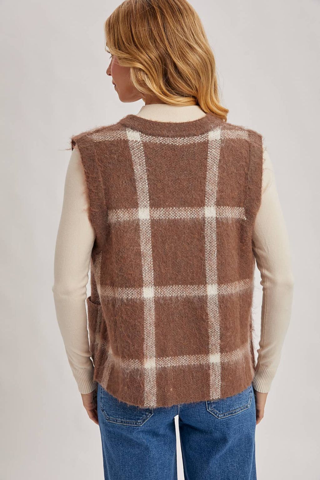 Button Down Plaid Knit Sweater Vest: Mocha