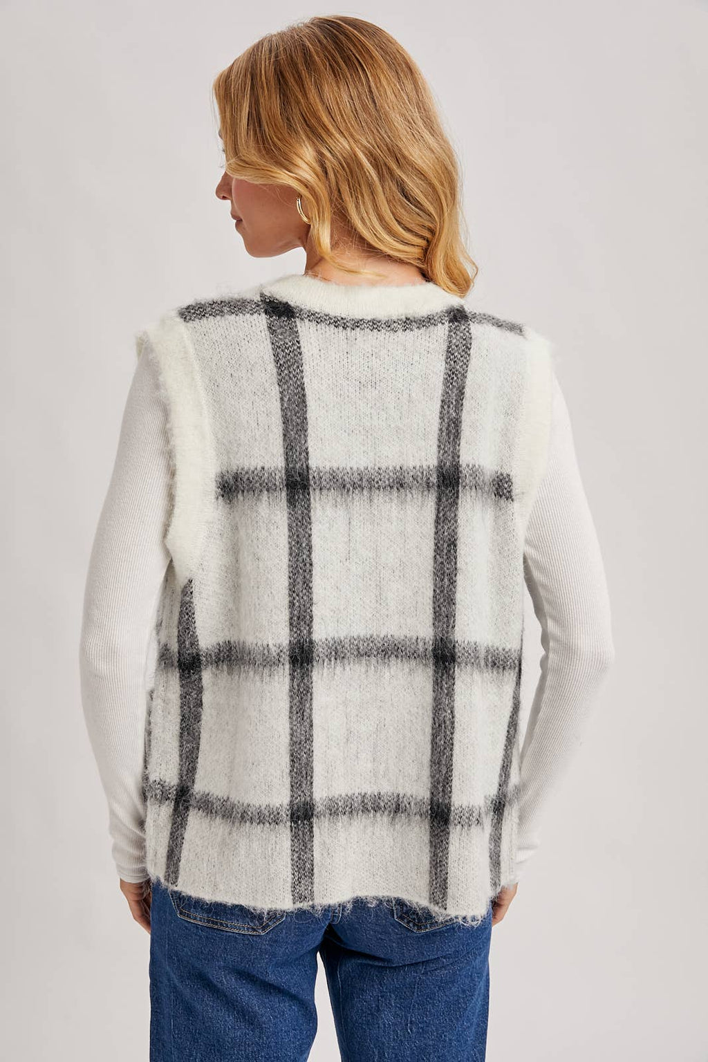 Button Down Plaid Knit Sweater Vest: Mocha