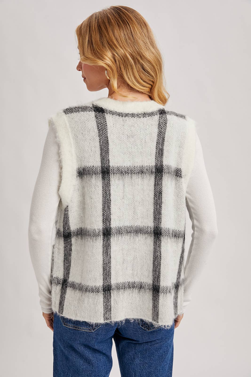 Button Down Plaid Knit Sweater Vest: Mocha