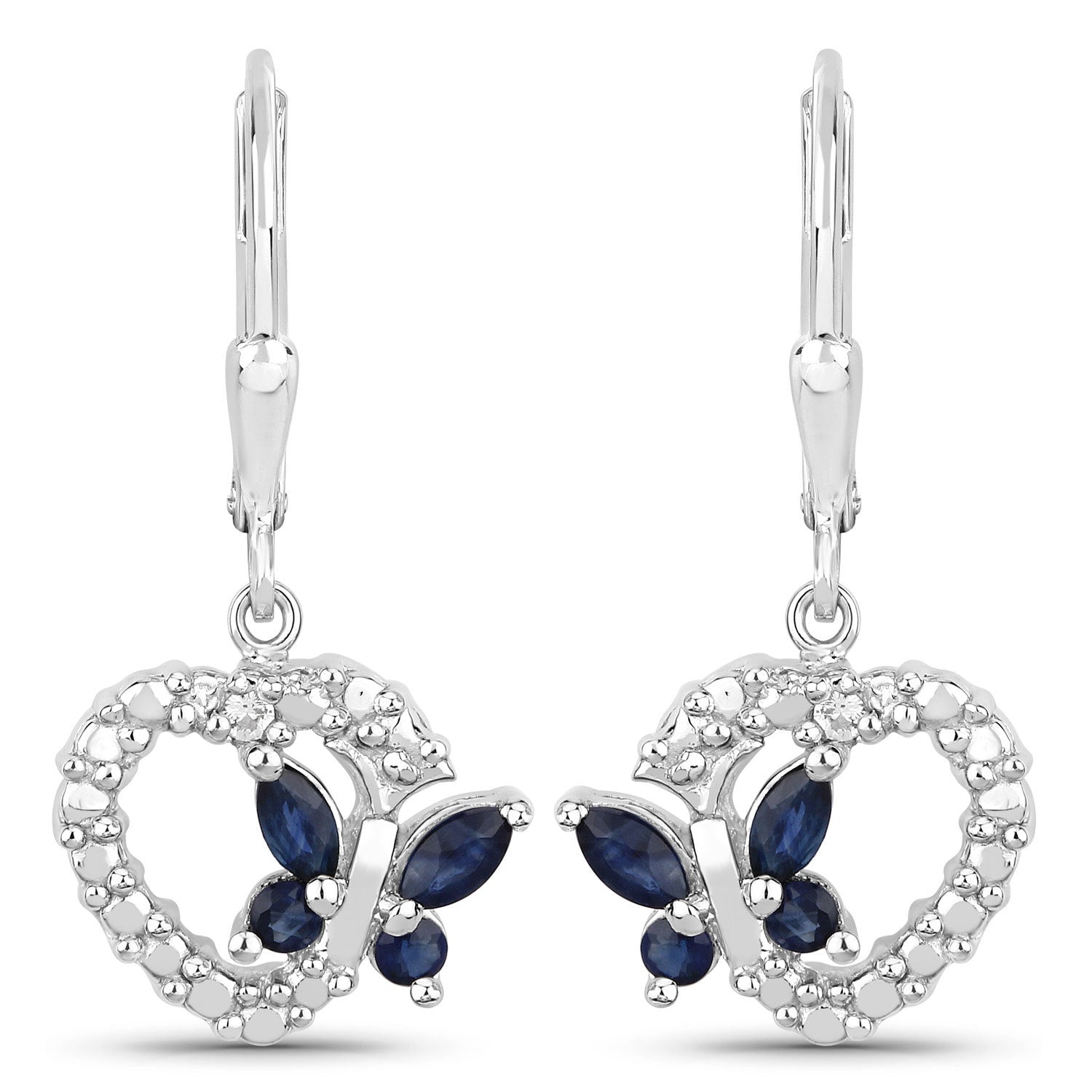 0.57 Carat Genuine Blue Sapphire and Created White Sapphire .925 Sterling Silver Earrings
