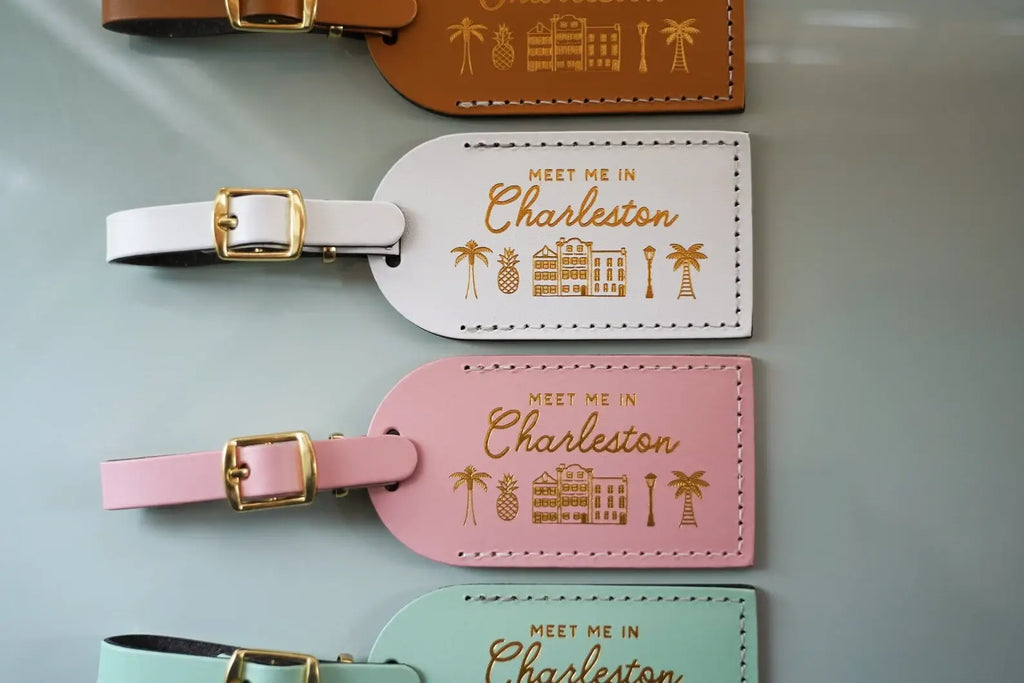 Charleston Luggage Tag Wedding Favor or Travel Souvenir Gift: Pink w/ Gold