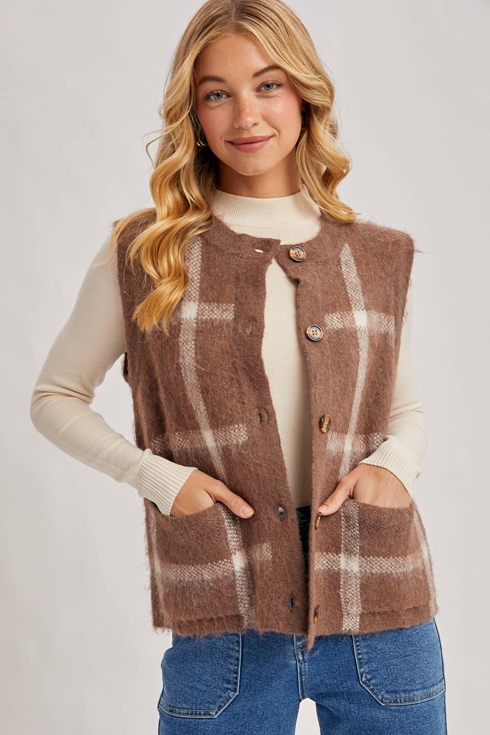 Button Down Plaid Knit Sweater Vest: Mocha
