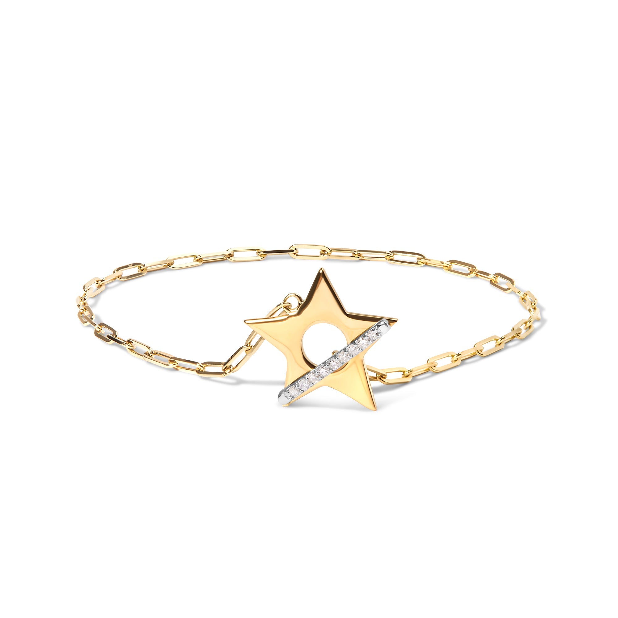 18K Yellow Gold Plated Sterling Silver Diamond Accent Star Charm Paperclip Chain Bracelet