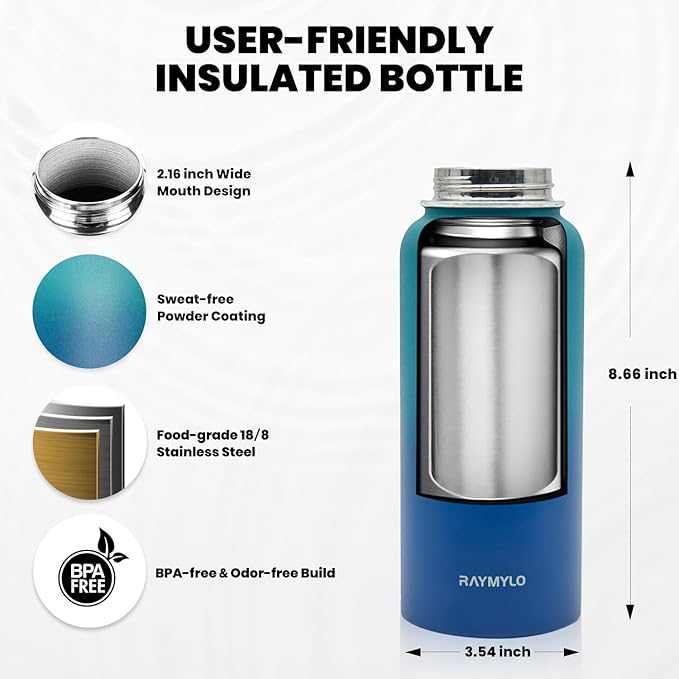Insulated Water Bottle 32 oz, Triple Wall Vacuum Stainless Steel (Cold for 48 Hrs), Leak Proof & Non-BPA, Modern Water Flask Jug with Paracord Handle & Straw Spout Lids, Cyan Blue