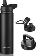 24oz Insulated Water Bottle with Straw, Stainless Steel Metal Vacuum Water Flask, Large Thermal Water bottle with Leakproof 3 Lids for Travel, Camping, Gym Sports Black