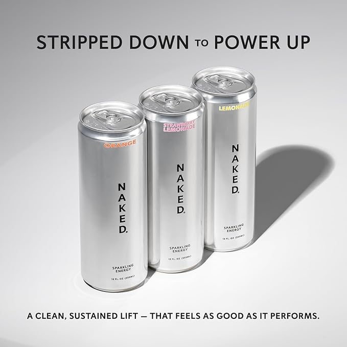 Naked Sparkling Energy Drink - Orange, Organic Caffeine, Organic Lemon Juice, Zero Sugar, No Sucralose, Naturally Sweetened, Natural Energy Drinks, Vegan, Gluten-Free, Non-GMO - 12oz Cans (Pack of 12)