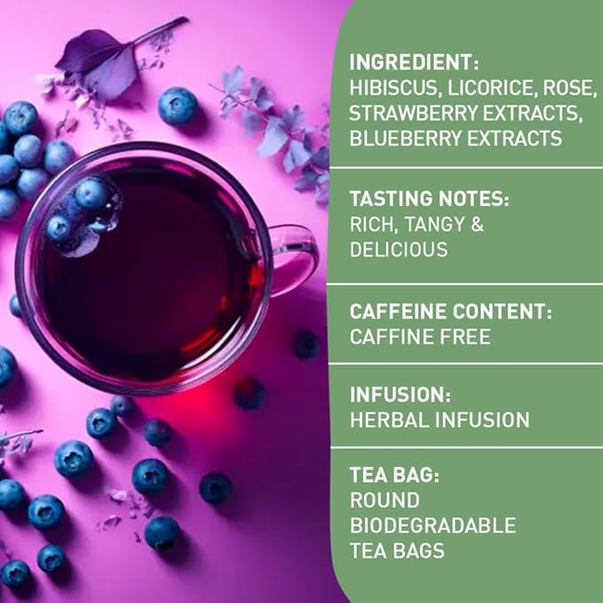 HANDPICK, Wild Blueberry Tea Bags (100 Count), True Premium Blueberry Herbal Tea with Hibiscus, Rose & Licorice | Brew Iced/Hot Tea
