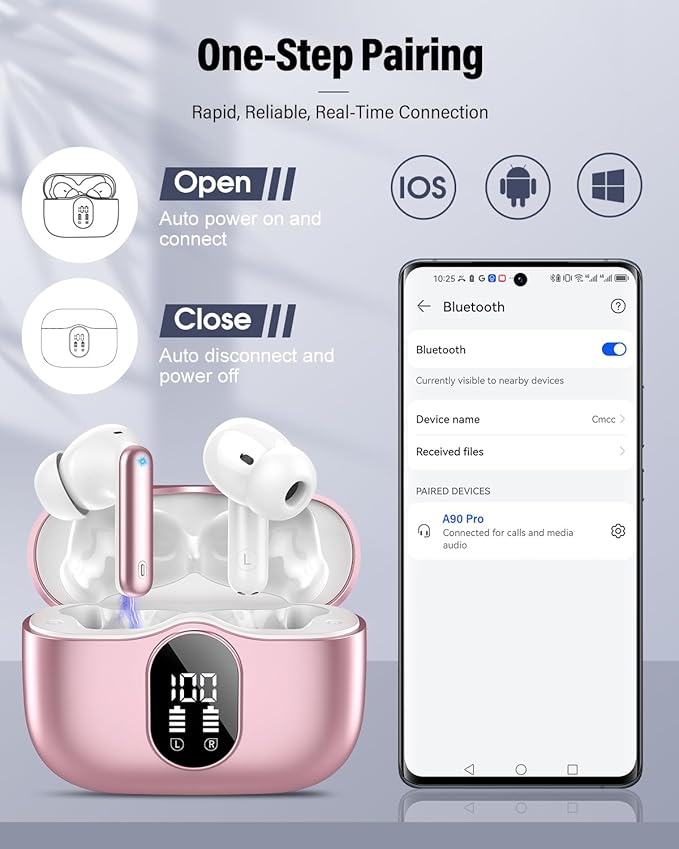 Wireless Earbuds, Bluetooth 5.4 Headphones Bass Stereo, Ear Buds with Noise Cancelling Mic, IP7 Waterproof in Ear Earphones, 36H LED Display Bluetooth Earbuds for Laptop Pad Phones Sports, Rose Gold