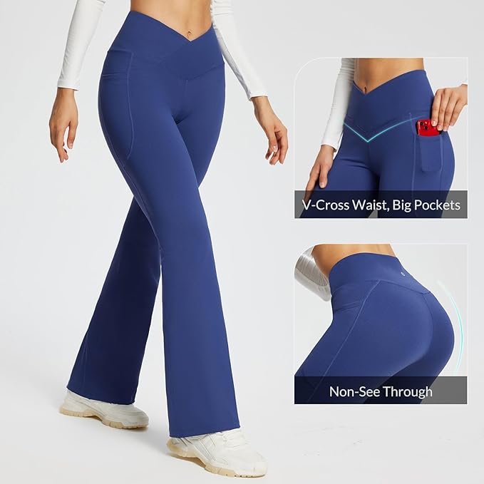 baleaf Women's V Crossover Flare Leggings with Pockets Yoga Pants High Waist Casual Workout Gym Bell Bottom Leggings