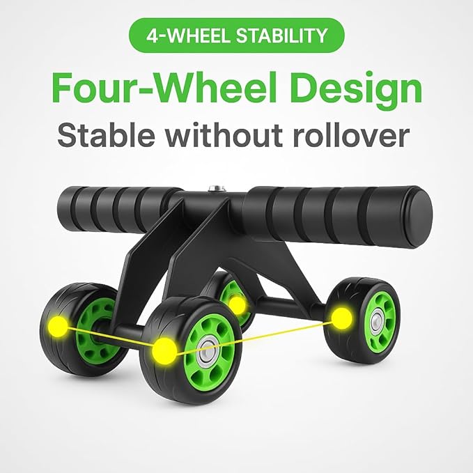 4-Wheel Ab Roller with Knee Pad – Abdominal Exercise Wheel for Core Strength Training, Stable Ab Workout Equipment for Men & Women, Non-Slip Handles, Smooth Bearings, Portable Home Gym Fitness Tool