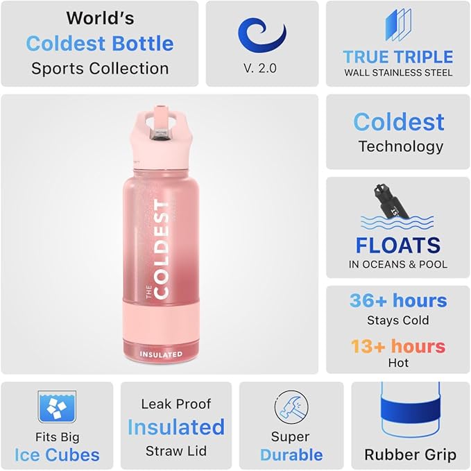 Coldest Insulated Water Bottle with Straw Lid - Stainless Steel Metal Insulated Bottle for Men & Women (Bellatrix Pink, 32 oz)