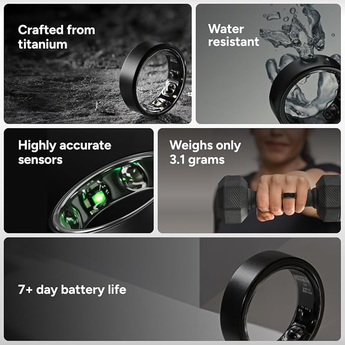 Gabit Smart Ring | Sleep, Fitness, Nutrition, Stress | 7+ Day Battery, 30+ Workout Modes, AI Health Coach, Weight Loss | Buy Sizing Kit First | Health Tracker for Men & Women | Titanium, Matte Black 8