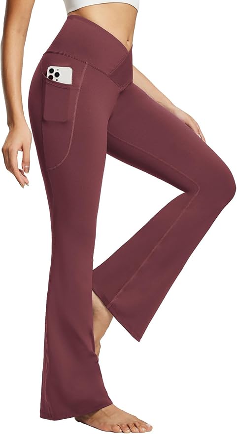 baleaf Women's V Crossover Flare Leggings with Pockets Yoga Pants High Waist Casual Workout Gym Bell Bottom Leggings