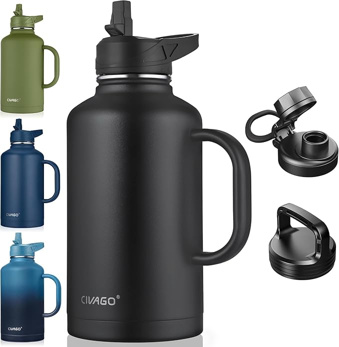 CIVAGO 64 oz Insulated Water Bottle Jug with Straw and Handle, Half Gallon Stainless Steel Water Flask, Large Sports Metal Water Bottle with Straw Lid (3 Lids), Big Thermal Mug Cup, Black