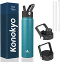 Insulated Water Bottle 24oz Stainless Steel Sport Bottles with 3 Lids,Light Blue