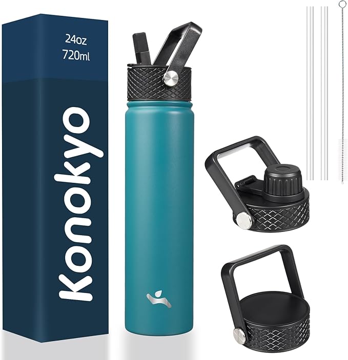 Insulated Water Bottle 24oz Stainless Steel Sport Bottles with 3 Lids,Light Blue