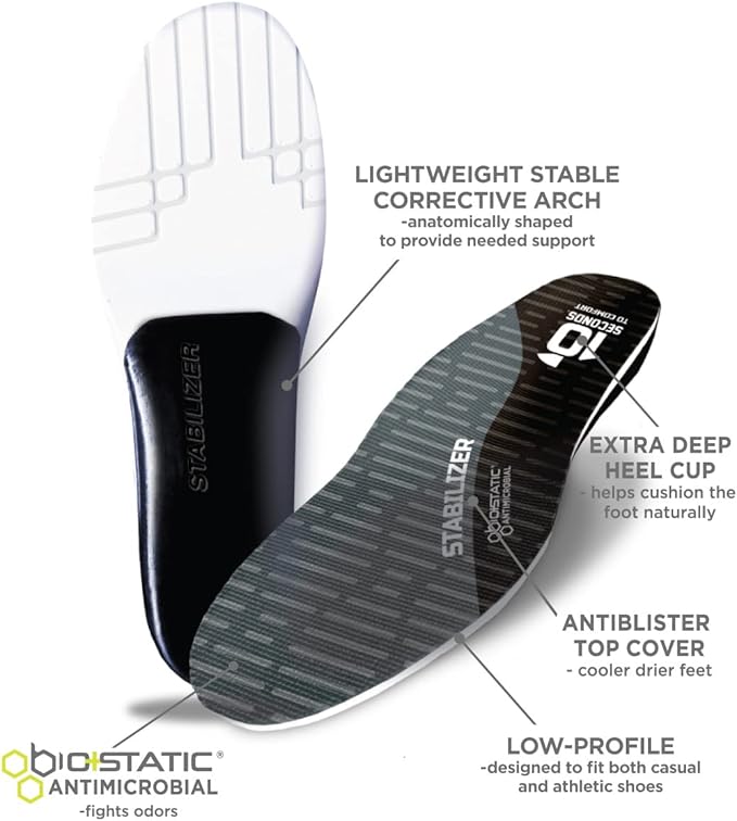 10 Seconds Stabilizer Insole, Medium Corrective Arch, Soft Support, Designed for Instability and Low-Profile Footwear, Deep Heel Cup, Anti Odor and Blister Topper (M 11-12)