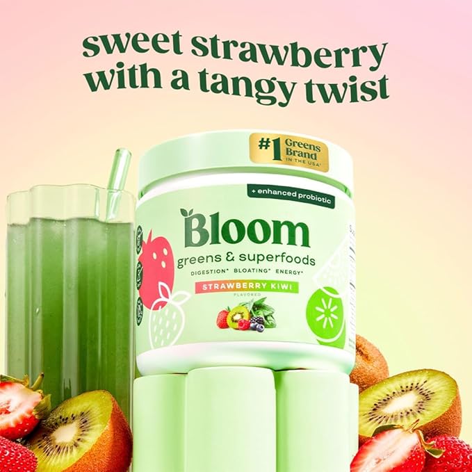 Bloom Nutrition Greens and Superfoods Powder for Digestive Health, Greens Powder, Digestive Enzymes, Probiotics, Spirulina, Chlorella for Bloating & Gut Support, Green Juice, 30 SVG, Strawberry Kiwi