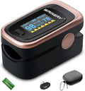 Oxygen Saturation Monitor, Wrinery Premium Pulse Oximeter Fingertip, Oxygen Monitor, O2 Saturation Monitor, OLED Portable Oximetry with Batteries, Lanyard (Rose gold-Royal black)