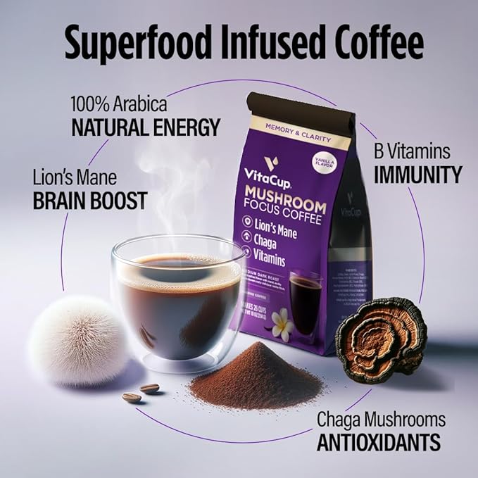 VitaCup Focus Mushroom Coffee Grounds, Vanilla Flavored Coffee with Lions Mane, Chaga, B Vitamins, D3, Boost Focus, Immunity, Memory & Clarity, Medium Dark Roast, 100% Arabica Specialty, 2 bags, 10 oz each