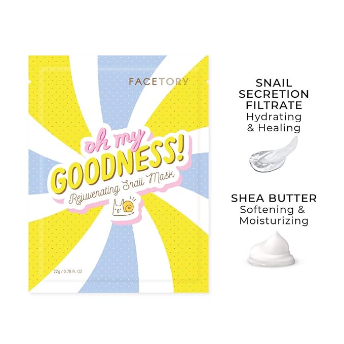 FACETORY K Beauty Face Mask Skin Care - OH MY GOODNESS REJUVENATING SNAIL Sheet Mask with Snail Essence & Hyaluronic Acid | Hydrate, Soothe, Seal in Moisture (10 Pack)