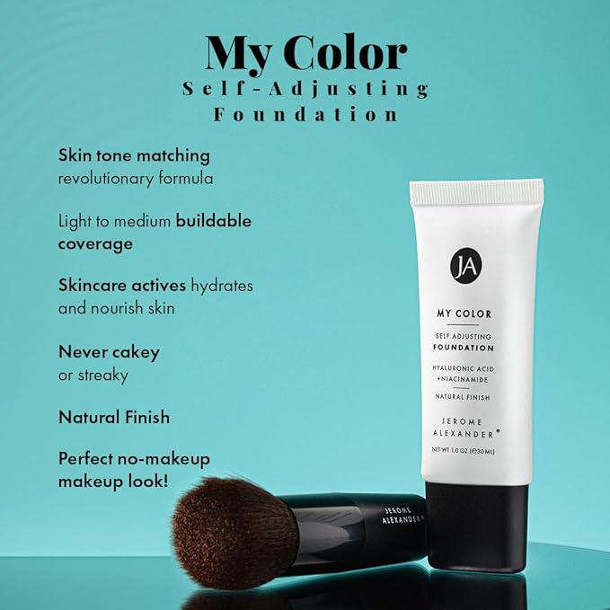 Jerome Alexander My Color Self-Adjusting Foundation, Hydrating & Lightweight Face Makeup, Skincare-Infused, with Kabuki Brush, Medium Dark, 1 oz