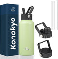 32 oz Insulated Water Bottle Stainless Steel Sport Bottles with 3 Lids,Macaron Green
