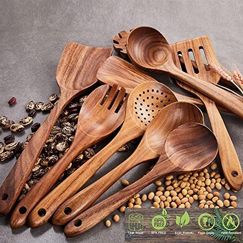Wooden Kitchen Utensils Set, GUDAMAYE 9 PCE Natural Teak Wooden Spoons