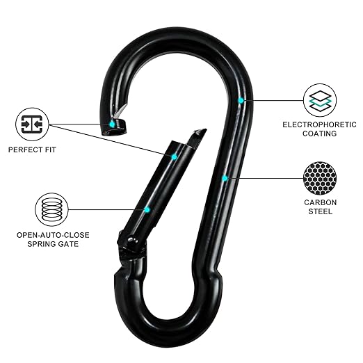 KINLINK 2 Pack Black Carabiner Clip, 4 inch Heavy Duty Spring Snap Hook, Caribeener Clips for Outdoor Camping, Swing Set, Hammock, Hiking Travel, Fishing, Weight Lifting Machine
