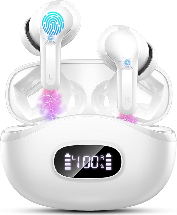 Wireless Earbuds, 2025 Bluetooth Headphones V5.3 HiFi Stereo Ear buds with ENC Noise Cancelling Mics, 40H Bluetooth Earbuds with Dual LED Display, IP7 Waterproof Earphones for Android iOS, White