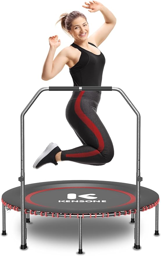 40/48" Low-Impact Rebounder Trampoline for Adults with Bungee, 450/550LBS Quiet Mini Exercise Trampoline with Adjustable U/T-Shaped Foam Handle Bar, Fitness Equipment for Indoor/Gym Workout