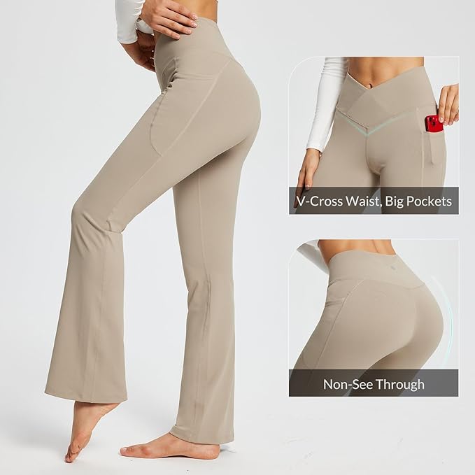 baleaf Women's V Crossover Flare Leggings with Pockets Yoga Pants High Waist Casual Workout Gym Bell Bottom Leggings
