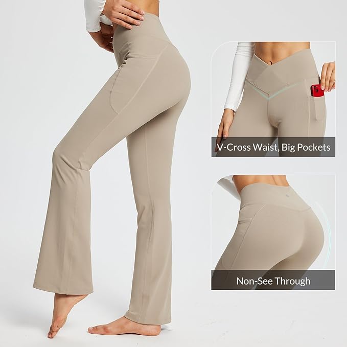 baleaf Women's V Crossover Flare Leggings with Pockets Yoga Pants High Waist Casual Workout Gym Bell Bottom Leggings