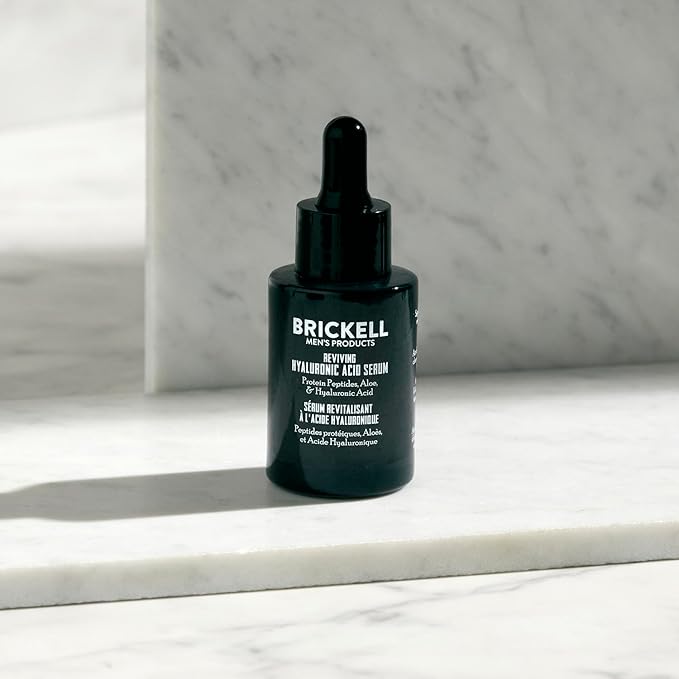Brickell Men's Anti Aging Hyaluronic Acid Serum for Face, Day Face Serum for Men, Natural & Organic Facial Serum With Protein Peptides to Restore Collagen and Firmness, 1 Ounce, Unscented
