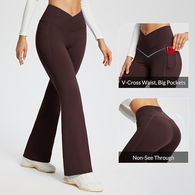 baleaf Women's V Crossover Flare Leggings with Pockets Yoga Pants High Waist Casual Workout Gym Bell Bottom Leggings