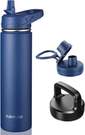 24oz Insulated Water Bottle with Straw, Stainless Steel Metal Vacuum Water Flask, Large Thermal Water bottle with Leakproof 3 Lids for Travel, Camping, Gym Sports Navy