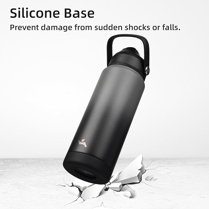 Insulated Water Bottle with Straw Lid,24 oz Stainless Steel Vacuum Metal Bottle with Silicone Handle,Gray Black