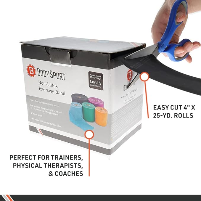 Body Sport Exercise Band, 25 yd. x 4 in. Roll, Extra Heavy Resistance - Home & Gym Fitness Equipment for Stretching, Strength Training & Physical Therapy (Purple)