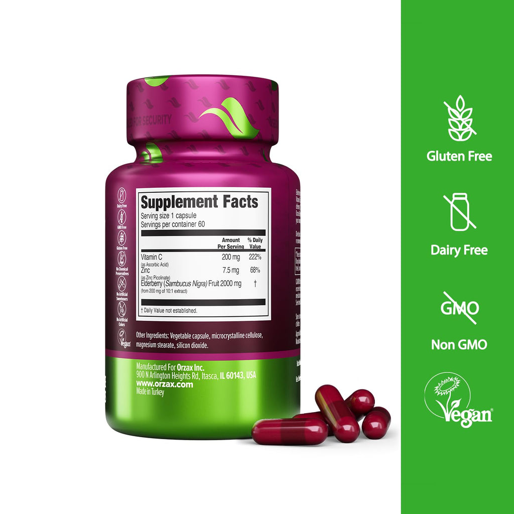 Orzax Immune Support Dietary Supplement Syrup - Sambucus Nigra, Vitamin C, Zinc for Kids & Adults