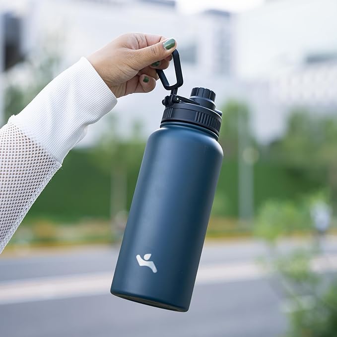 Insulated Water Bottle 24oz Stainless Steel Sport Bottles with 3 Lids,Navy Blue