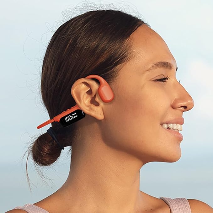 IHAO Swimming Headphones True Bone Conduction Open Ear Headset MP3 Player Built-in 32G Memory IP68 Underwater Waterproof Stereo Bluetooth Earphone for Driving Bicycling Running Skiing-Red