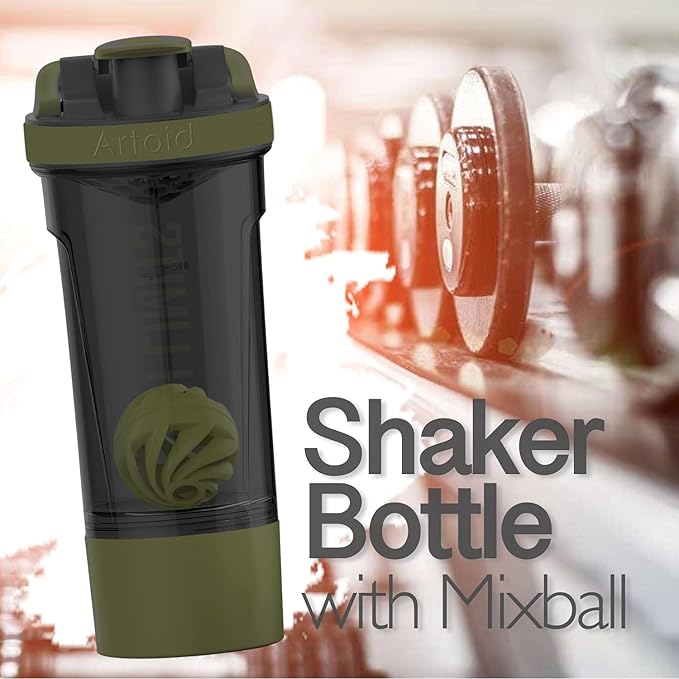 Artoid Sports Protein Shaker Bottle, 24-Ounce, Dual Mixing Technology, BPA Free, Black/Moss Green