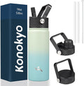 18 oz Insulated Water Bottle Stainless Steel Sport Bottles with 3 Lids,Mint