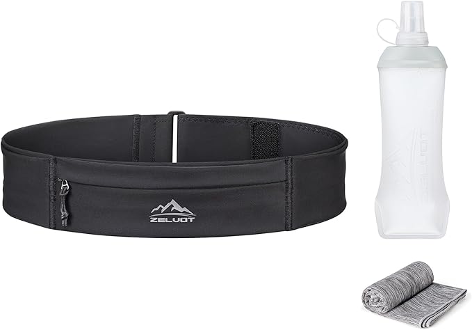Running Belt with 400ml Soft, Adjustable Running Fanny Pack with Phone Holder and Gym Towel, Waterproof Belt Bag for Women Men for Jogging Hiking Marathon (Black, L/XL)