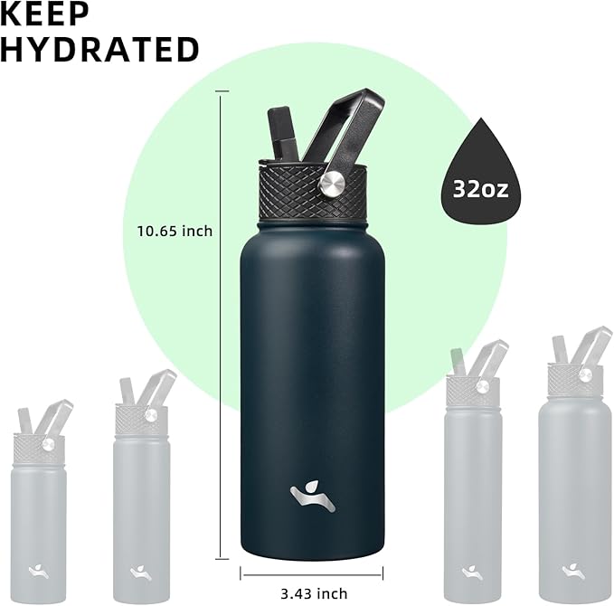 32 oz Insulated Water Bottle Stainless Steel Sport Bottles with 3 Lids,Navy Blue